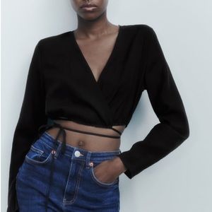 Zara tie satin effect Black long sleeve top padded shoulders